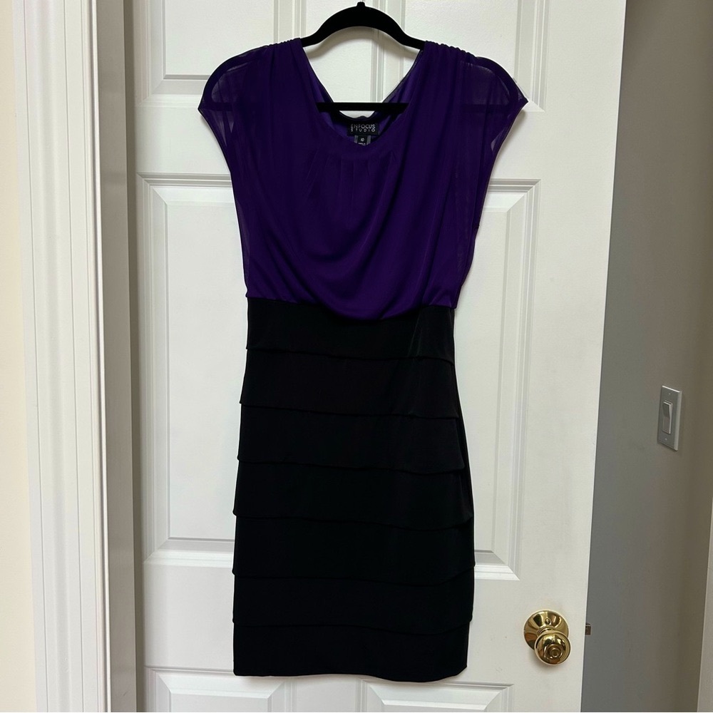 Enfocus Studio Purple Black Mini Dress with Cap Sleeves
